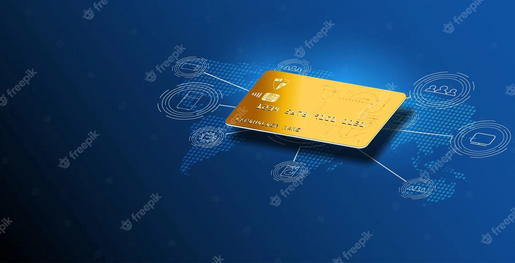 Cartão dourado sobre fundo azul de conexões